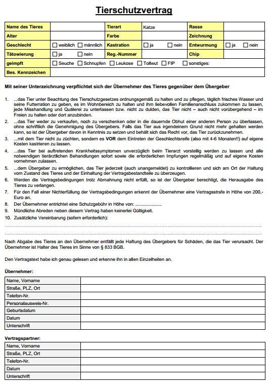 Muster-Tierschutzvertrag für private Vermittlungen